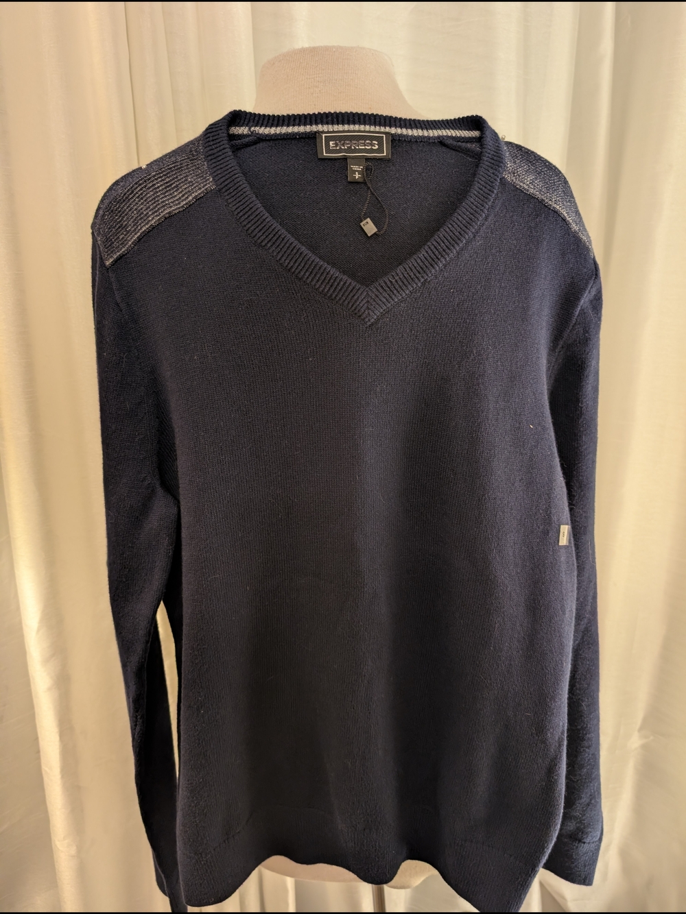 Express Men’s Navy V-Neck Sweater with Shoulder Detail